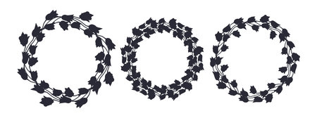Black silhouette tulip flowers wreaths set isolated on white backgroundのイラスト素材