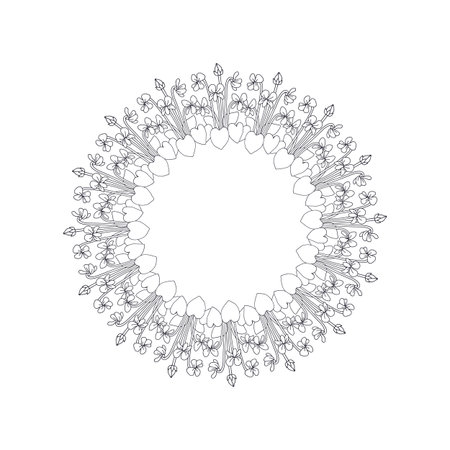 Hand drawn black and white line art canary islands flowers blue violet wreath. Card template with cute floral frameのイラスト素材