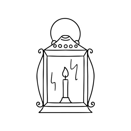 Hand drawn black line vintage candle lantern icon vector illustration. Linear monochrome doodle antique lampのイラスト素材