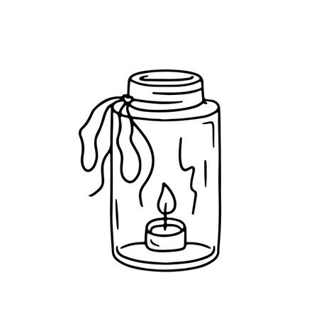 Hand drawn black line tea candle in mason jar icon vector illustration. Linear monochrome doodle glass candleholderのイラスト素材