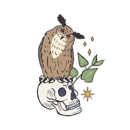 Hand drawn owl sitting on skull with nettles isolated on white backgroundのイラスト素材