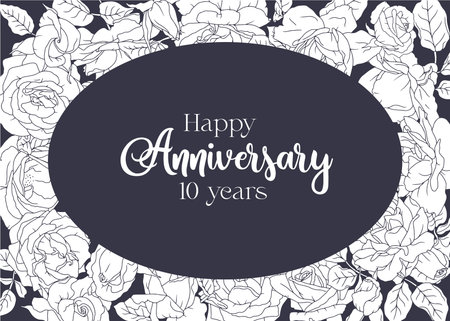 Black and white rose flowers and leaves horizontal oval frame with text Happy Anniversary 10 yearsのイラスト素材