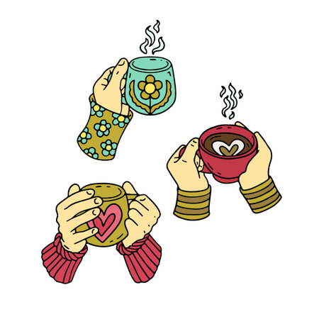 Hand drawn hygge doodle hand holding coffee cup or tea mug icon vector illustration. Cozy hot beverage break clipartのイラスト素材
