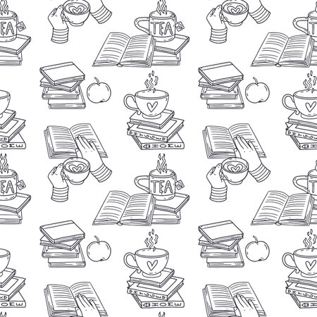 Line art tea cup standing on stack of books and hands holding mugs black and white seamless pattern. Cozy reading time repeat backgroundのイラスト素材