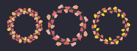 Pink and yellow hand drawn line art tulips flowers wreath set isolated on white backgroundのイラスト素材