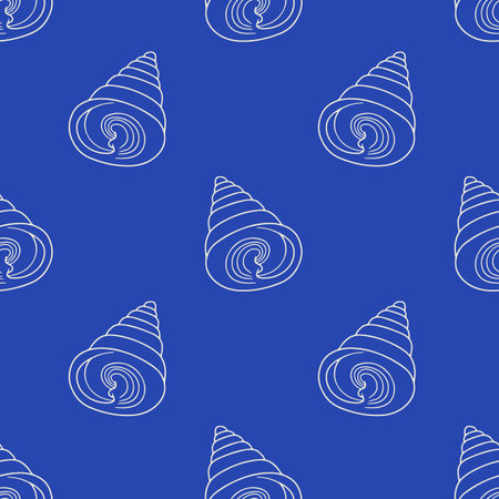 Blue and beige line art conch shells coastal seamless pattern. Hand drawn mollusk repeat background