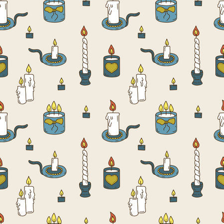 Wax candles seamless pattern. Hand drawn line art lanterns repeat backgroundのイラスト素材