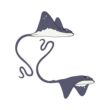 Cartoon style stingray swimming in ocean amongst seaweed hand drawn vector illustration