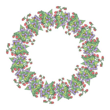Hand drawn line art canary islands flowers tenerife nightshade wreath. Card template with cute floral frameのイラスト素材