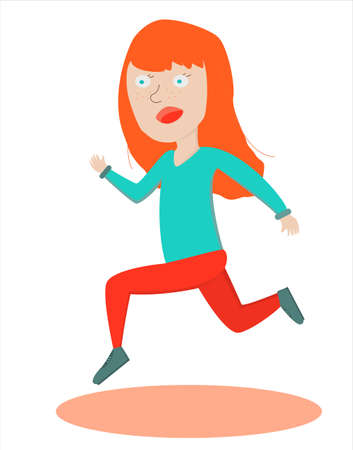 Running red girl on white background in cartoon style. Vector illustration for web-design, posters, postcardsのイラスト素材