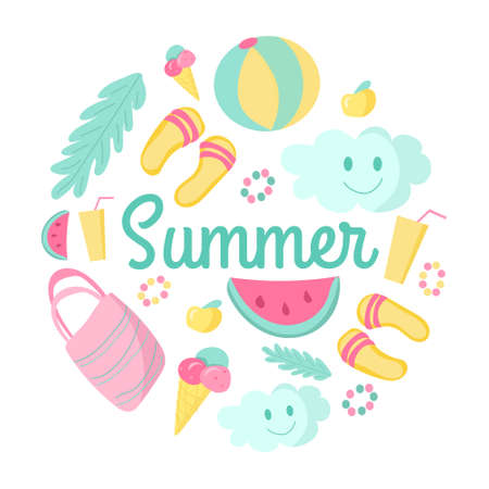 Summer vector composition with lettering. Flat beach elements for web-design, flyers, cards,...
