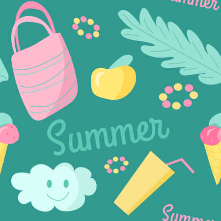 Seamless summer pattern with lettering. Vector beach elements for clothes, wallpapers, web-design, cardsのイラスト素材