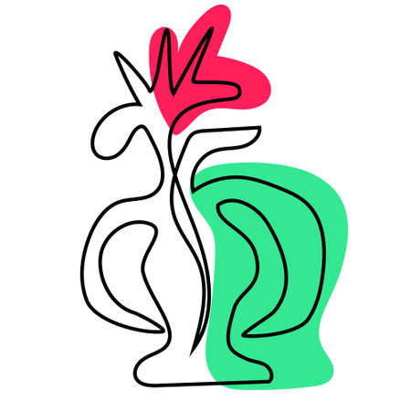 Flower in vase in line art style on white background. Vector abstract illustration for polygraphy, packages, webのイラスト素材
