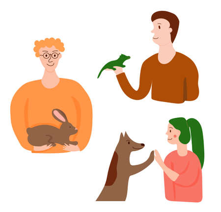 Vector set with happy pet owners. Man with rabbit, man with iguana and woman with dog. Pretty illustration for banners, web-sites, flyers, stickersのイラスト素材