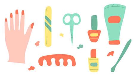 Set of manicure tools - nail polish, scissors, cream and hand. Vector illustration for stickers, shop ads, flyers, bannersのイラスト素材