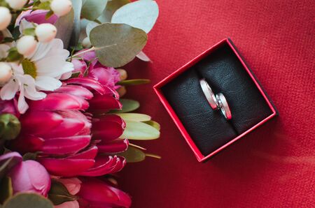 Eucalyptus branch with two wedding rings on red backgroundの写真素材