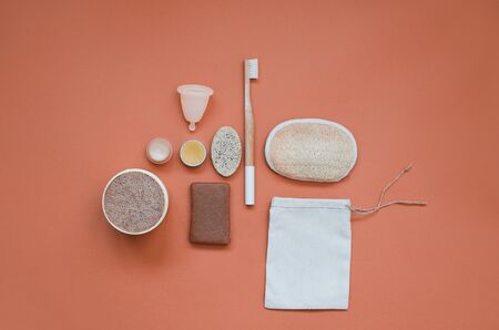 Set of everyday care of ecological products. Zero waste concept. Flat lay