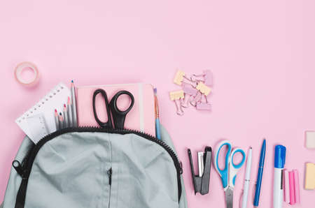 Different school supplies on  pinkの写真素材