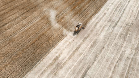 Workers on combine harvester collect ripe corn. Aerial top viewの写真素材