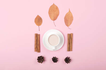 Autumn background with coffee, cinnamon and leaves on pink backgroundの写真素材