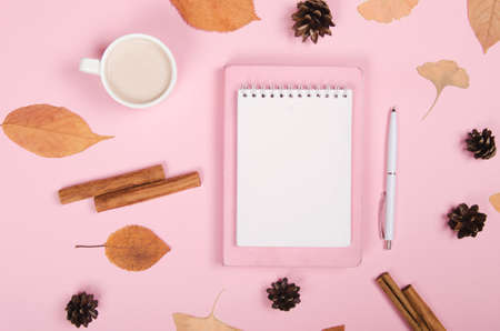 Autumn background with notepad, cinnamon and leaves on pink backgroundの写真素材