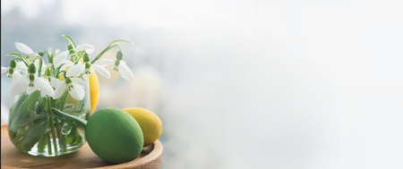 Close up fresh snowdrops in a glass vase and easter eggs. Bannerの写真素材
