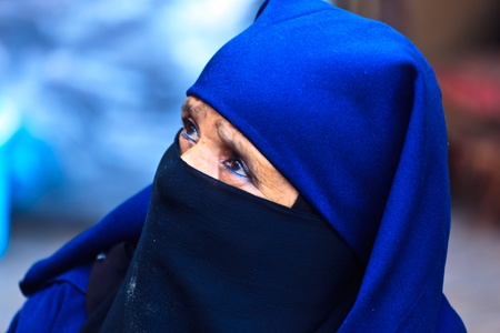 Marrakesh, Morocco - Dec 28: Portrait of Moroccan woman with head garb in Souk street market December 28, 2009 Marrakesh, Morocco.のeditorial素材
