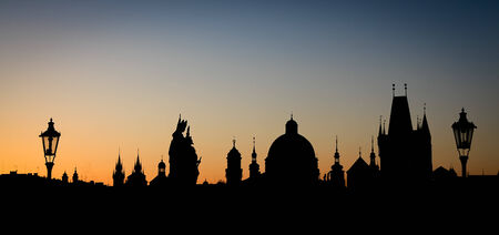 Silhouette of Prague old town as seen from the charles bridgeの写真素材