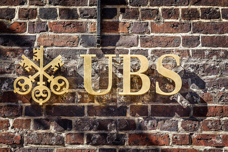 editorial picture of UBS bank sign on a brick wallのeditorial素材