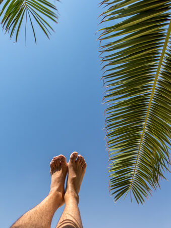 two feet symbolizing relaxation in a tropical settingの写真素材