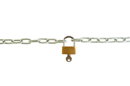chain lock with a key isolated on white backgroundの写真素材