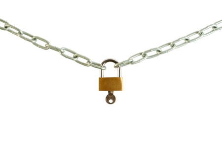 chain lock with a key isolated on white background