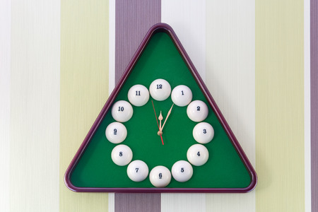 Beautiful wall clock in the style of billiards. Close-up.
