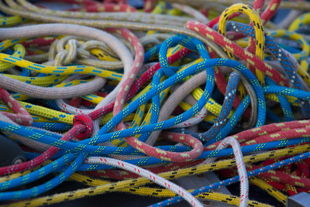 Rigging on a yacht. Colorful ropes. Shallow depth of fieldの写真素材