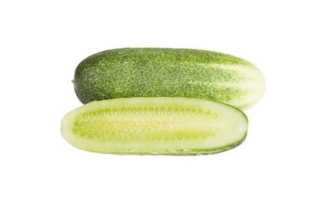 one whole cucumber and half isolated on white backgroundの写真素材