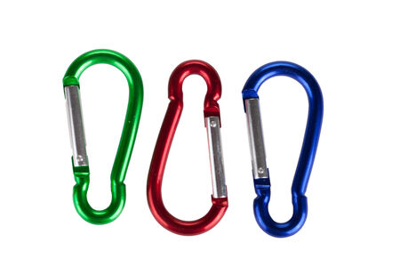 three carabiners isolated on white backgroundの写真素材