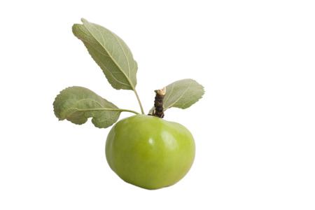green apple with leaves isolated on white backgroundの写真素材