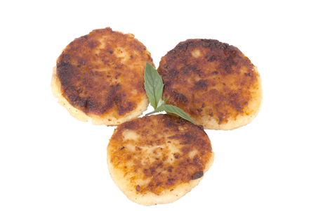 cheese pancakes with mint isolated on white backgroundの写真素材