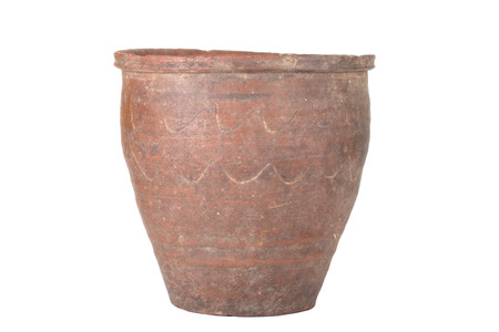 old ceramic pot handmade with pattern isolated on white backgroundの写真素材