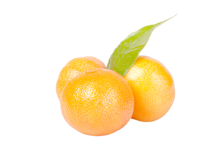 three tangerines with leaves isolated on white background.の写真素材