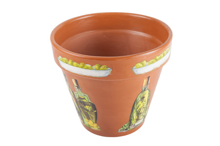 ceramic flowerpots with drawings isolated on white backgroundの写真素材