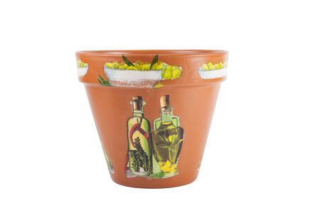 ceramic flowerpots with drawings isolated on white backgroundの写真素材