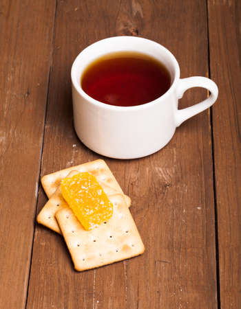 cup of tea on an old wooden table. small depth of fieldの写真素材
