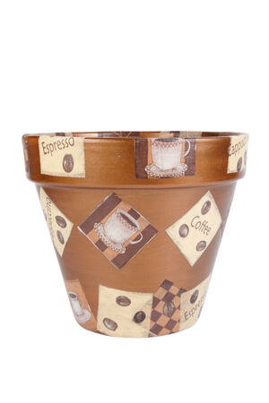 ceramic flowerpots with drawings isolated on white backgroundの写真素材