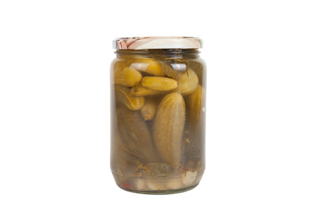 Pickled cucumbers. home canned isolated on white backgroundの写真素材
