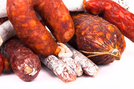several types of sausages on a light backgroundの写真素材