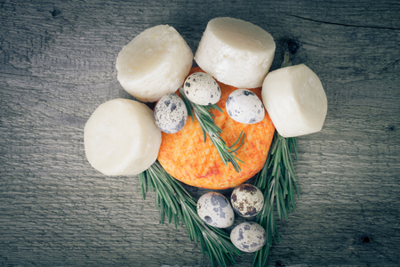 Heads of different cheese, quail eggs and rosemary on a wooden table. Tintedの写真素材