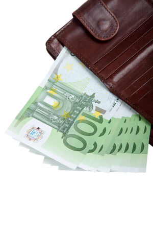 Money in your wallet. Several bills of 100 euros. Isolated on white background. with space for textの写真素材