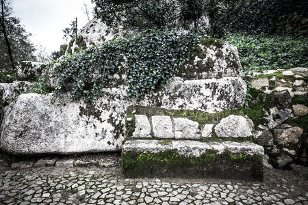 Cobblestone road to the palace foam among the rocks and trees and stone benchの写真素材