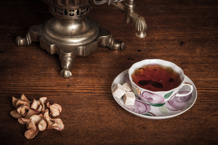 traditional Russian tea. Samovar, bagels and dried applesの写真素材